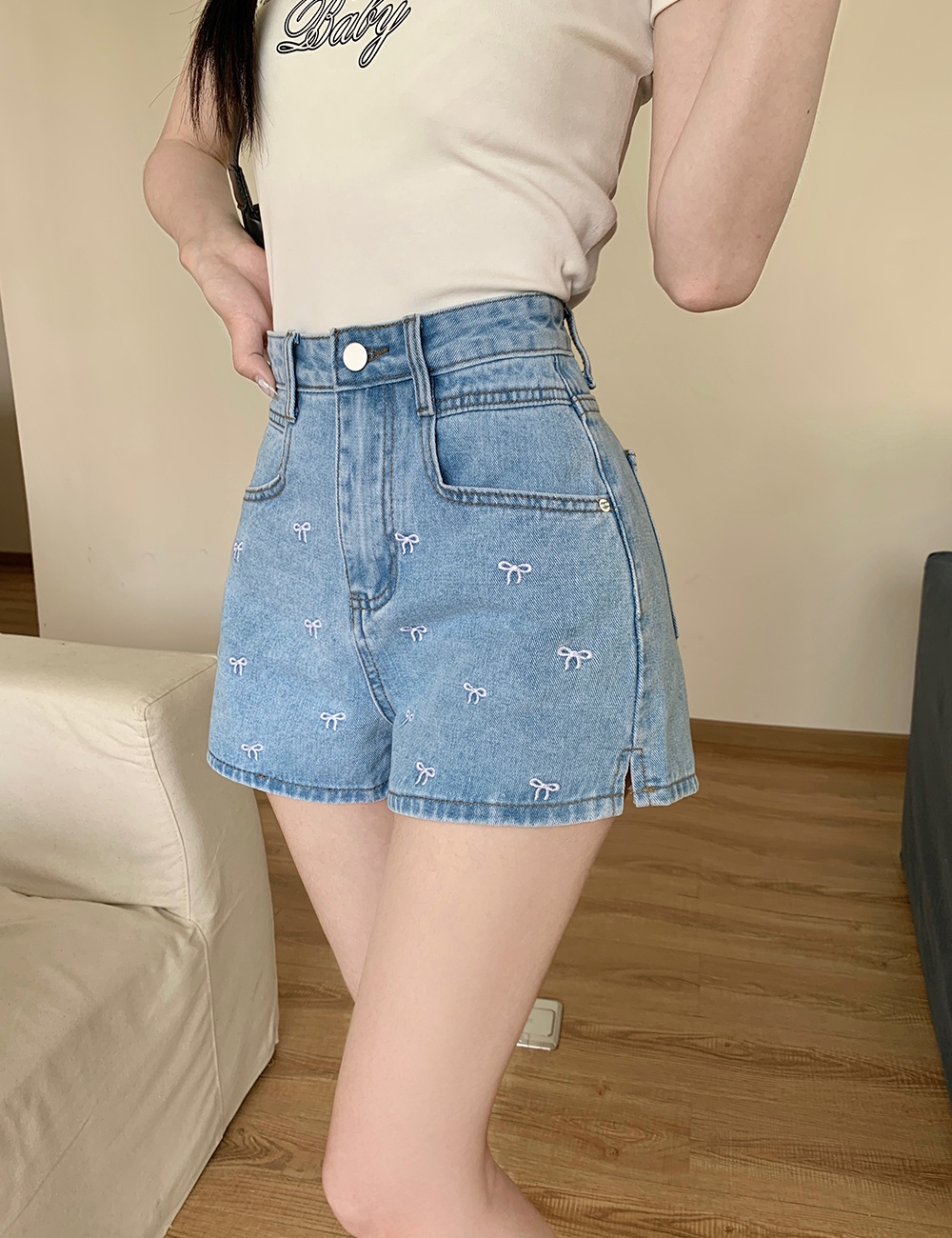 High waist embroidery summer denim retro bow sweet shorts