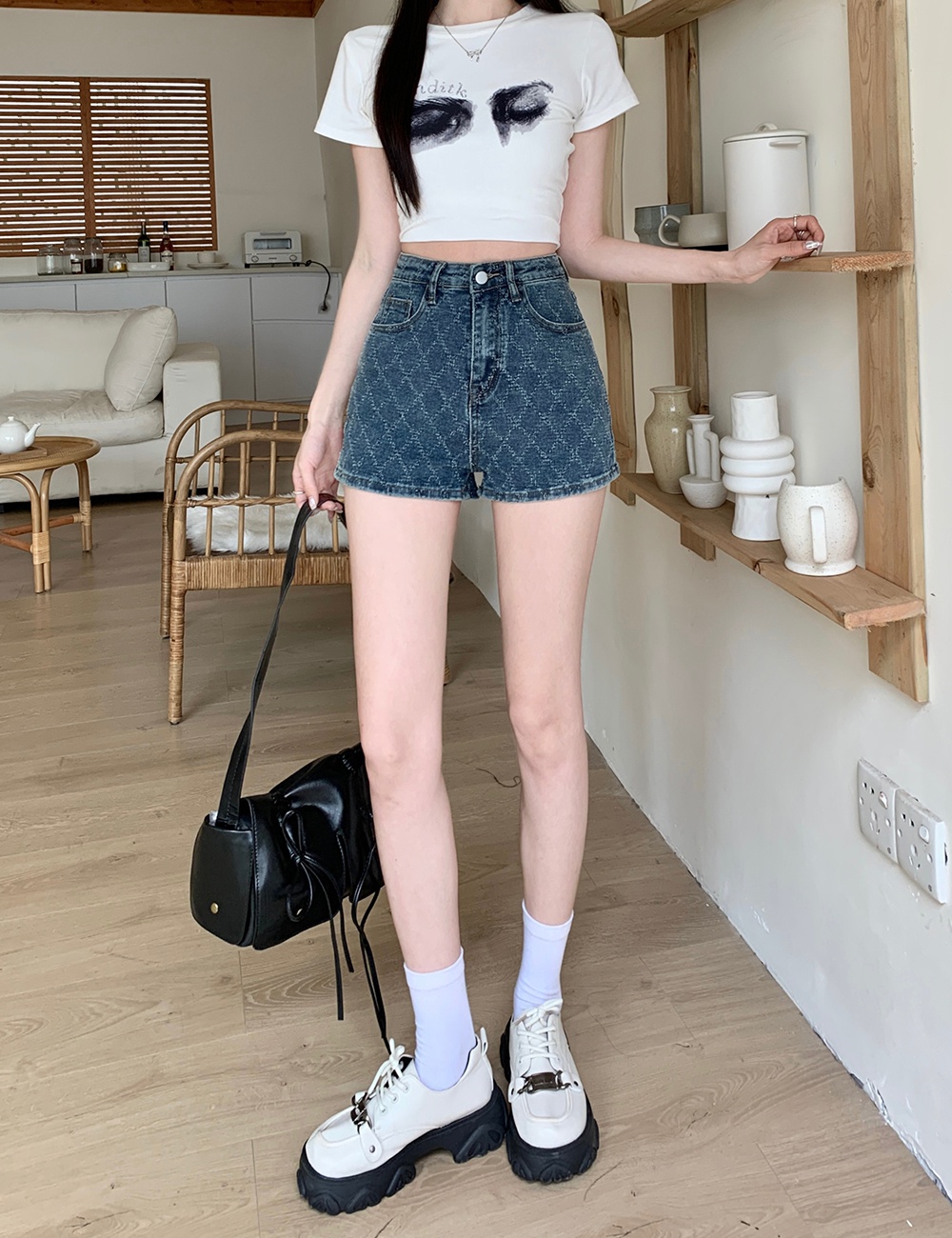 High waist summer shorts jacquard short jeans