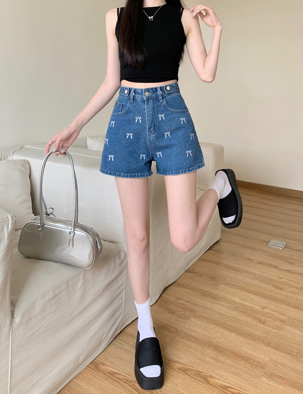 Summer wide leg pants embroidery short jeans