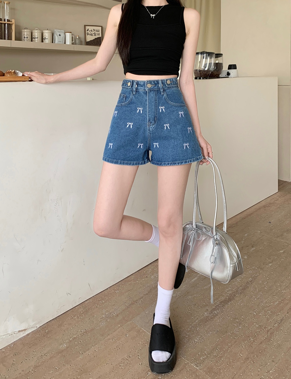 Summer wide leg pants embroidery short jeans