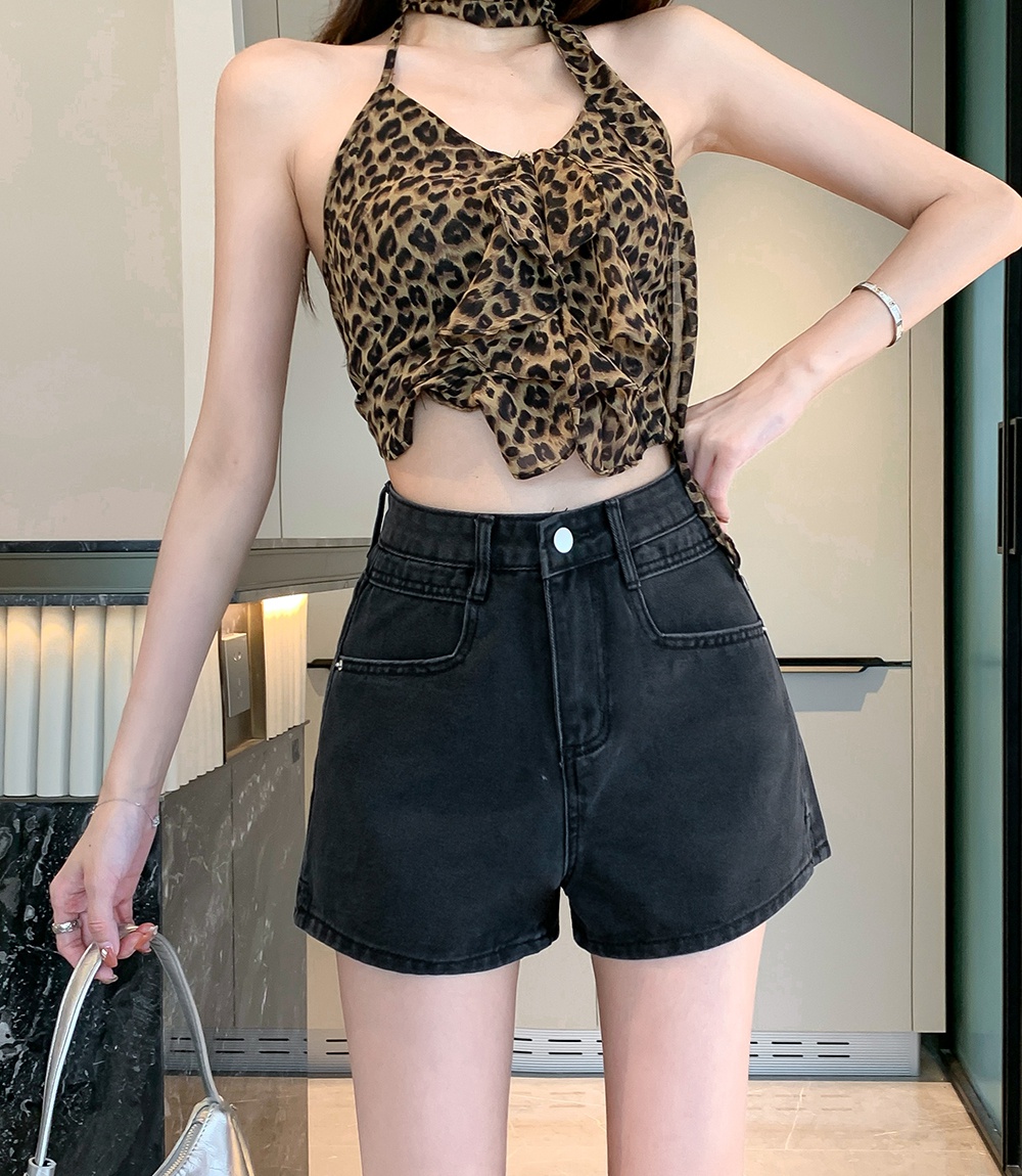 All-match high waist short jeans A-line wide leg pants