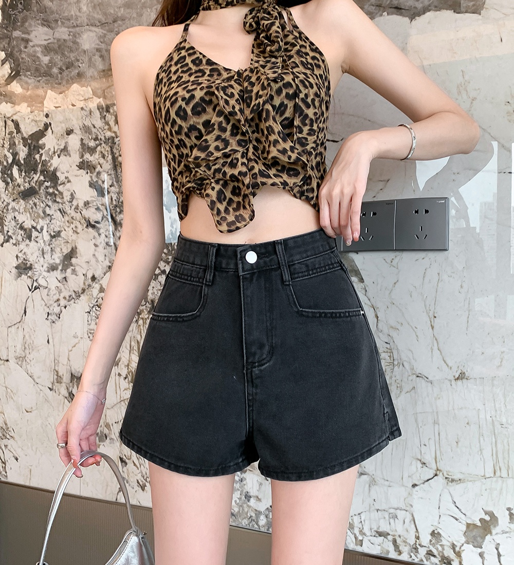 All-match high waist short jeans A-line wide leg pants