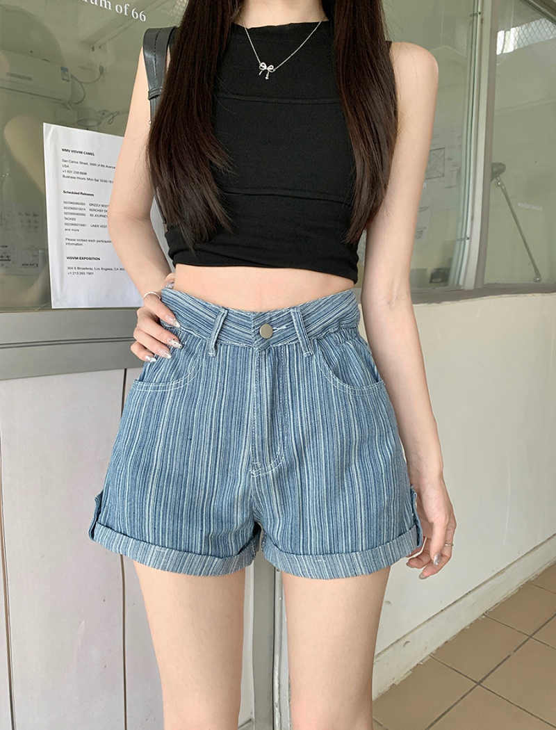 Thin high waist jeans summer stripe shorts for women