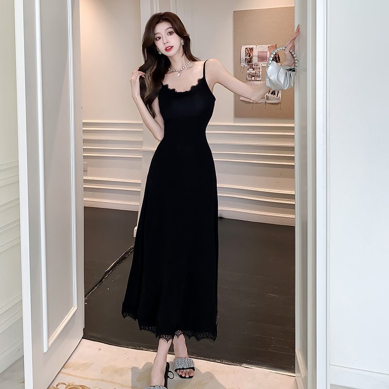 Package hip black long dress summer bottoming strap dress