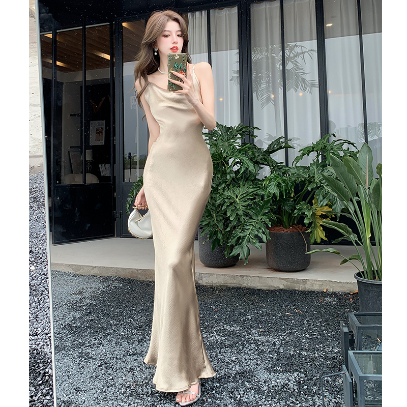 Satin sling summer formal dress shining vacation long dress