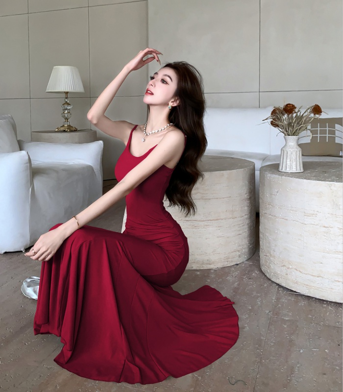 Fold package hip long dress summer sling dress