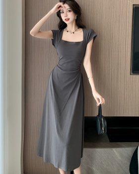 Square collar pinched waist dress slim long dress for women