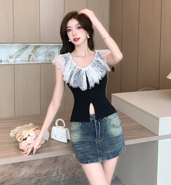 Mixed colors knitted enticement tops sleeveless lace vest