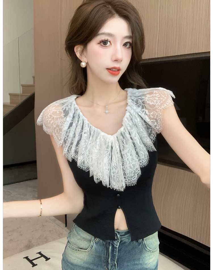 Mixed colors knitted enticement tops sleeveless lace vest