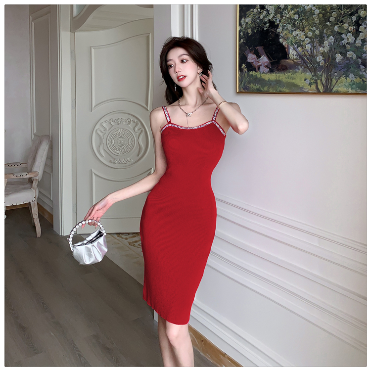 Sexy pinched waist summer rhinestone dress for women