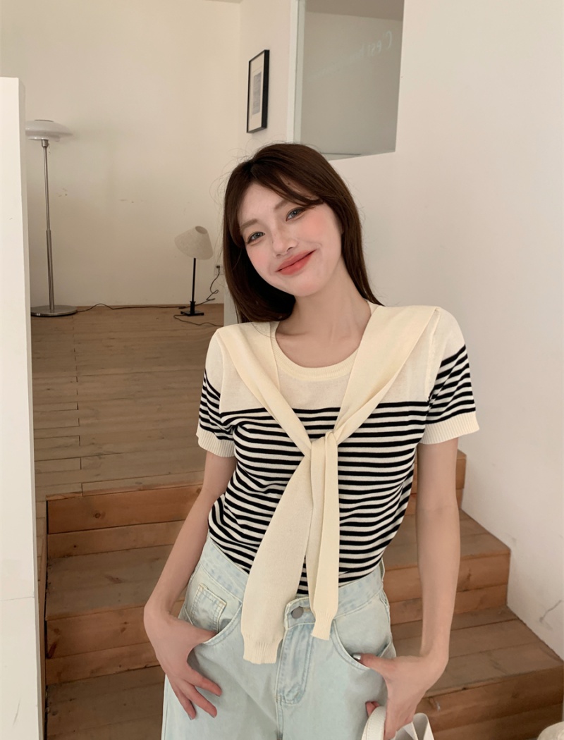 Knitted Casual bottoming shirt Korean style T-shirt