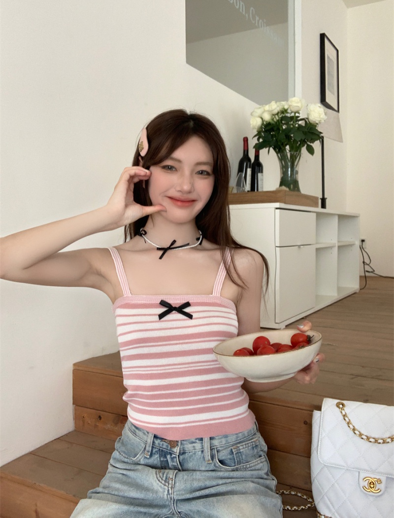 Bow pink sling stripe tops small slim summer vest