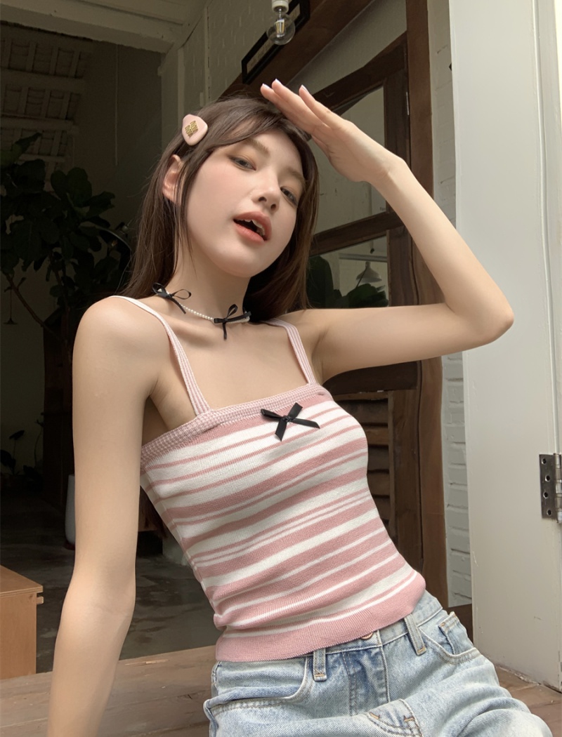 Bow pink sling stripe tops small slim summer vest