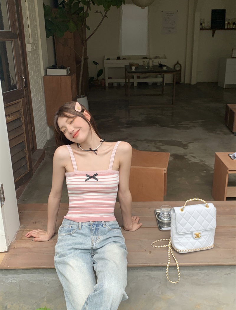 Bow pink sling stripe tops small slim summer vest