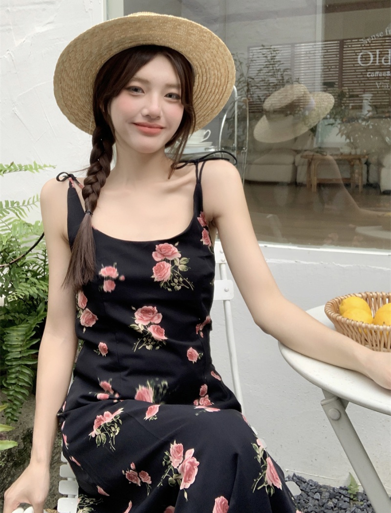 Fashion floral black sling retro sexy printing slim dress