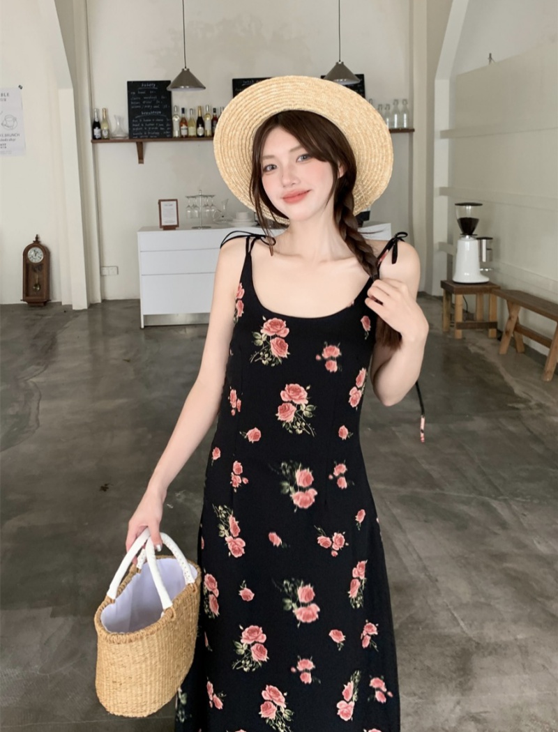 Fashion floral black sling retro sexy printing slim dress