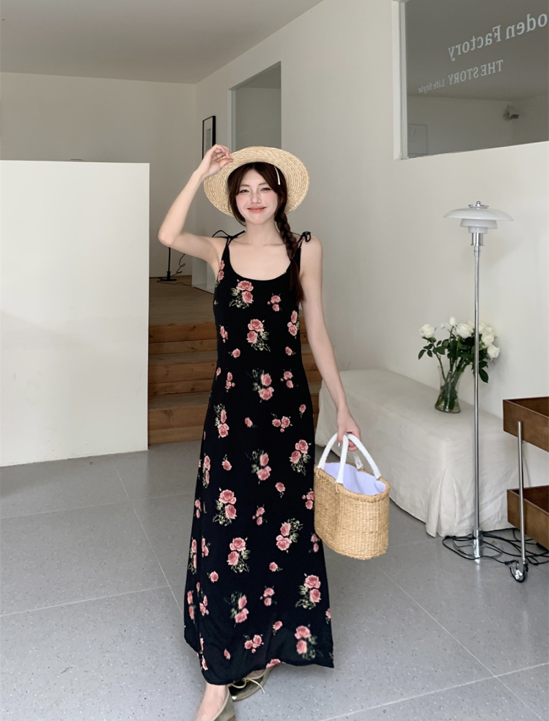 Fashion floral black sling retro sexy printing slim dress