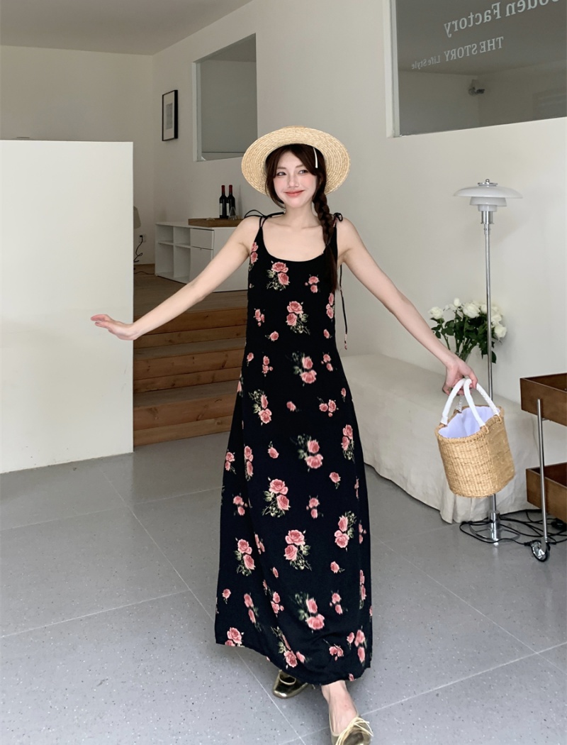 Fashion floral black sling retro sexy printing slim dress