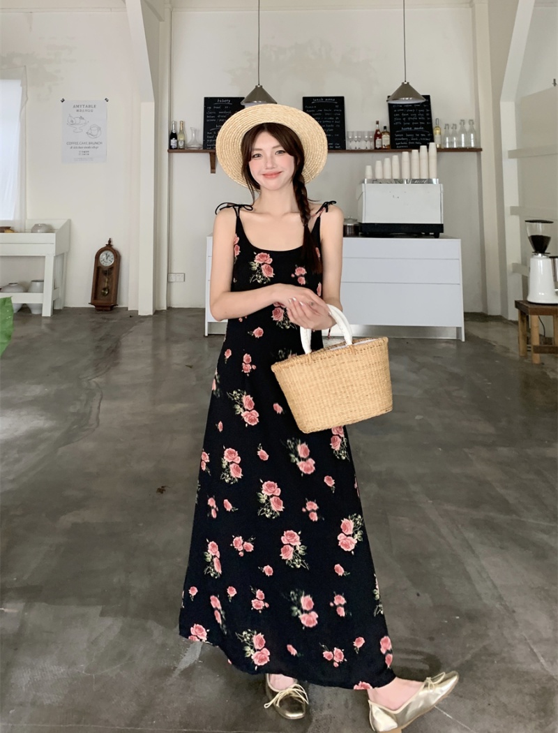 Fashion floral black sling retro sexy printing slim dress