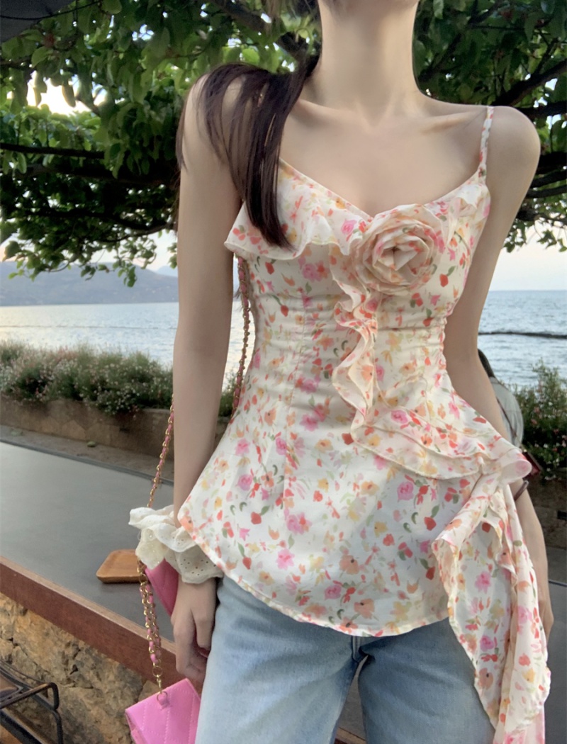 Stereoscopic halter tops flowers streamer vest