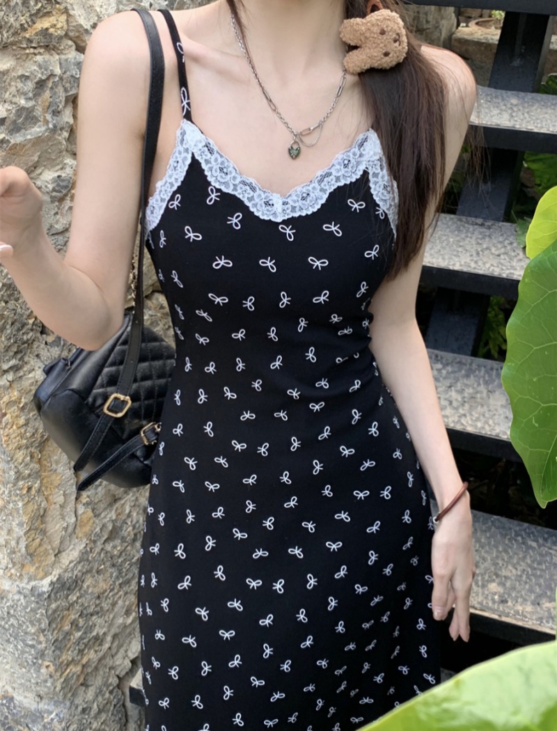 Bow printing lace dress sling black slim long dress