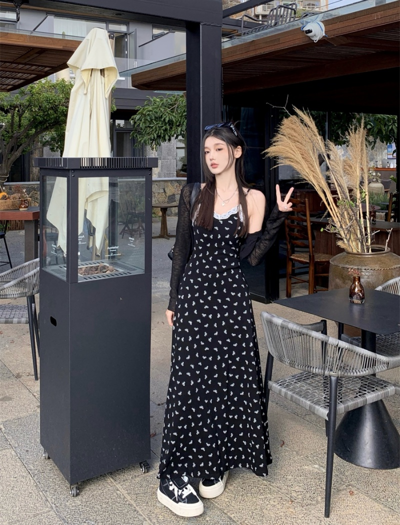 Bow printing lace dress sling black slim long dress