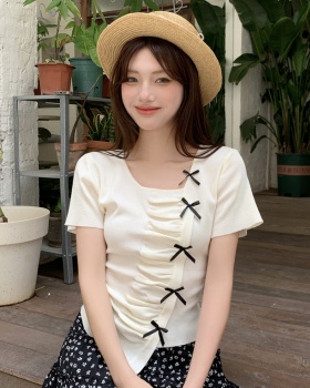 Western style fashion bow tops slim short sleeve T-shirt