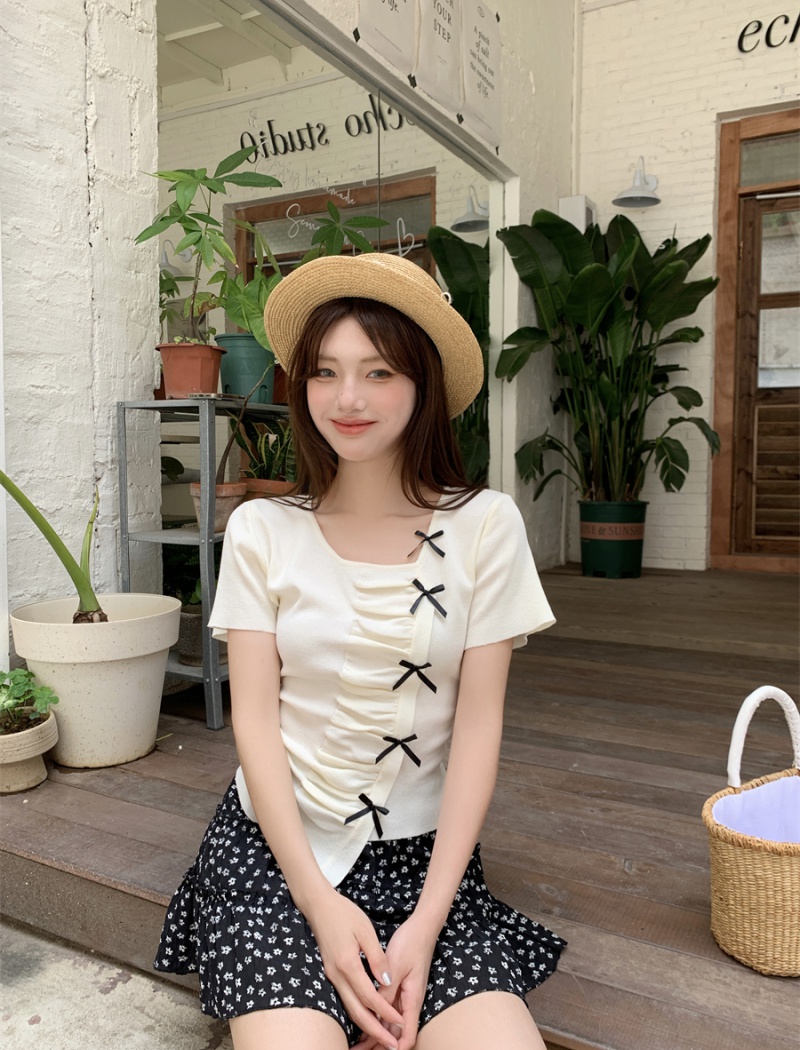 Western style fashion bow tops slim short sleeve T-shirt