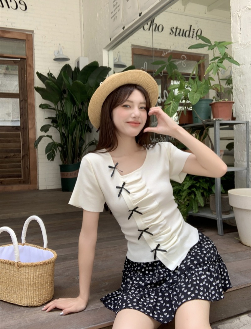 Western style fashion bow tops slim short sleeve T-shirt