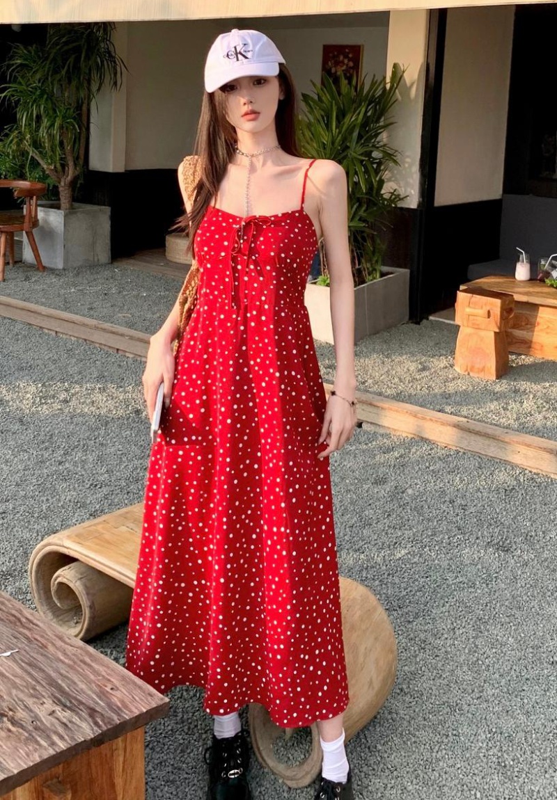 Floral seaside bandage strap dress red slim dress