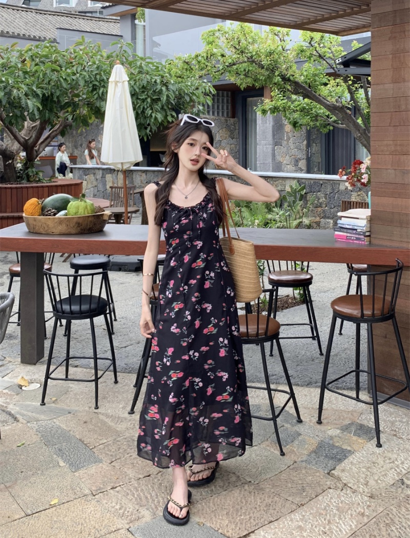 Vacation retro France style strap dress slim halter long dress