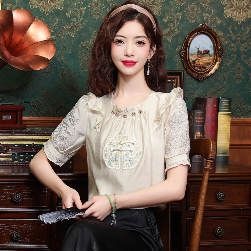 Unique embroidery shirt chiffon tops for women