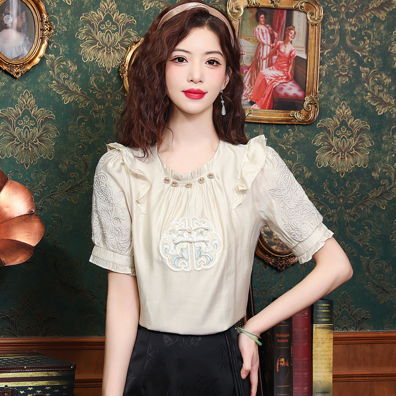 Unique embroidery shirt chiffon tops for women