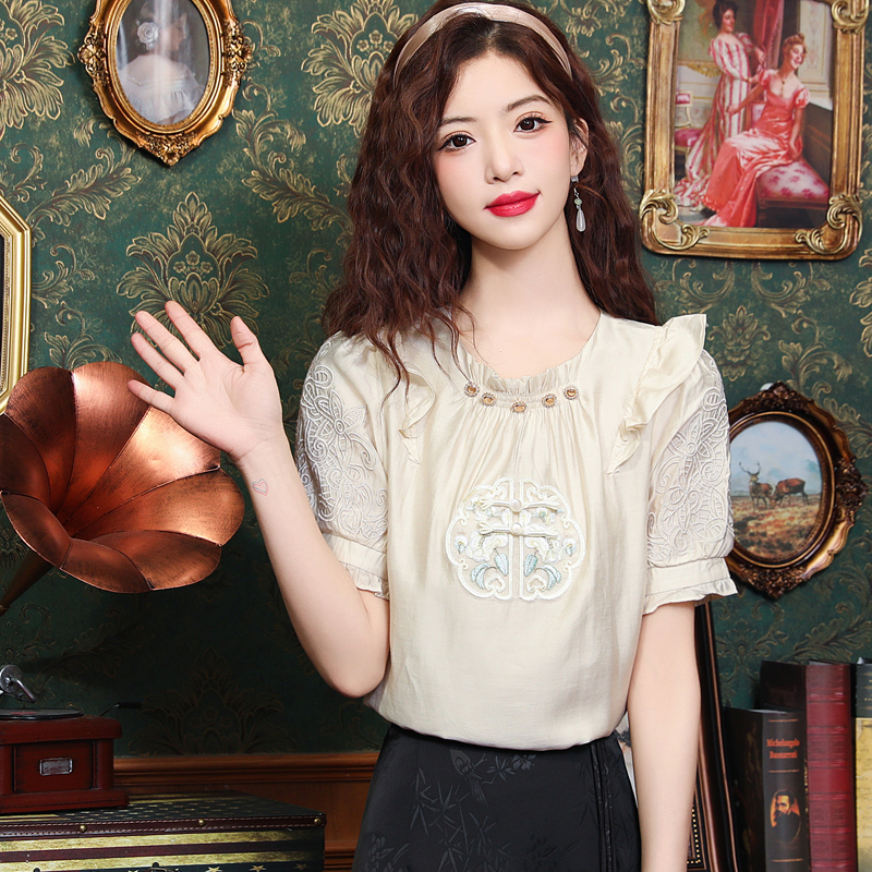 Unique embroidery shirt chiffon tops for women