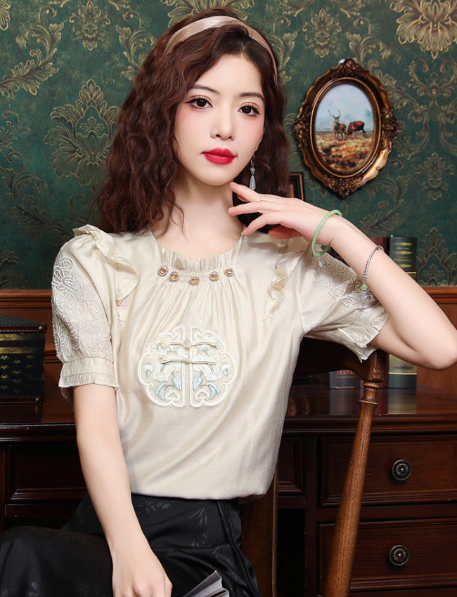 Unique embroidery shirt chiffon tops for women