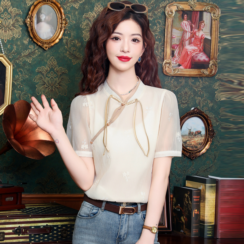 Chinese style niche chiffon tops summer short sleeve shirt