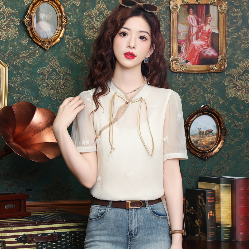 Chinese style niche chiffon tops summer short sleeve shirt