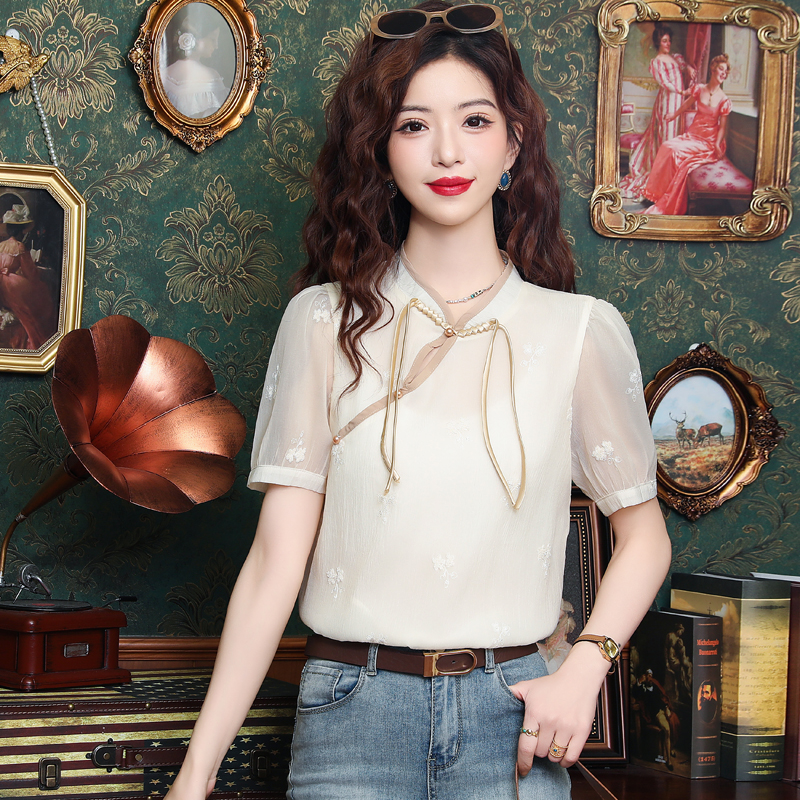 Chinese style niche chiffon tops summer short sleeve shirt