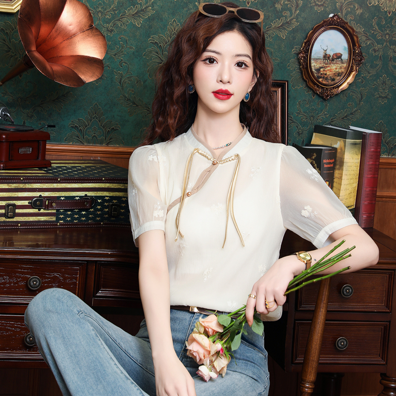 Chinese style niche chiffon tops summer short sleeve shirt