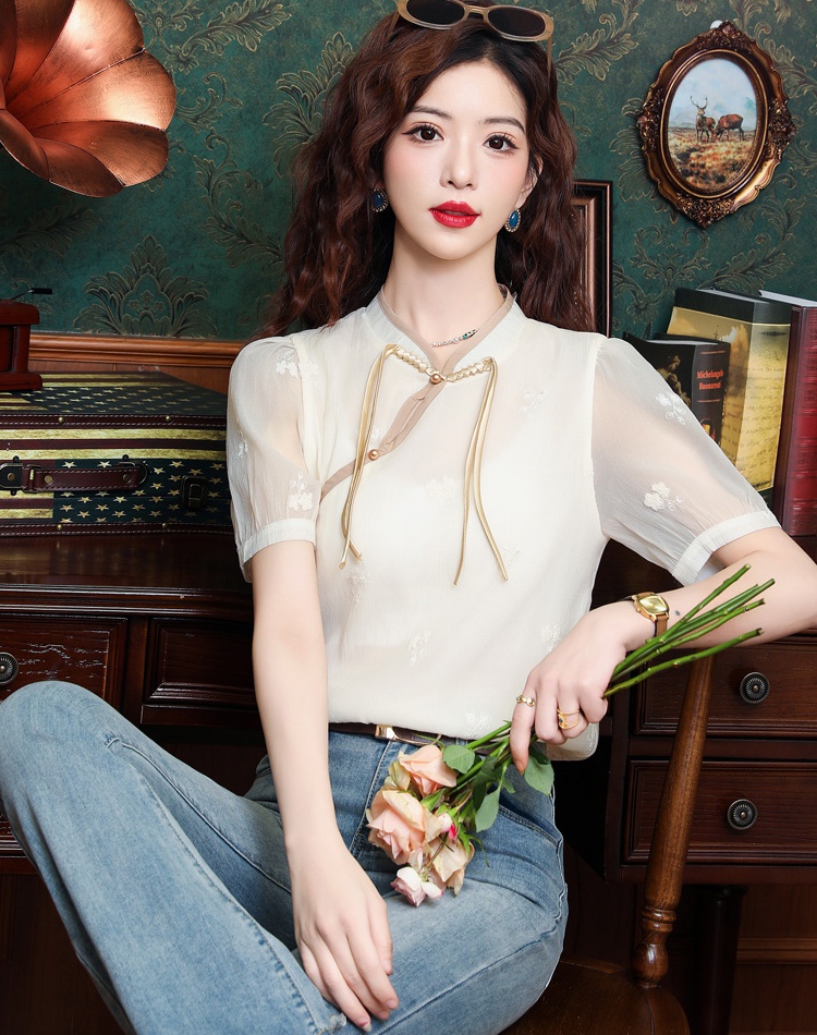 Chinese style niche chiffon tops summer short sleeve shirt