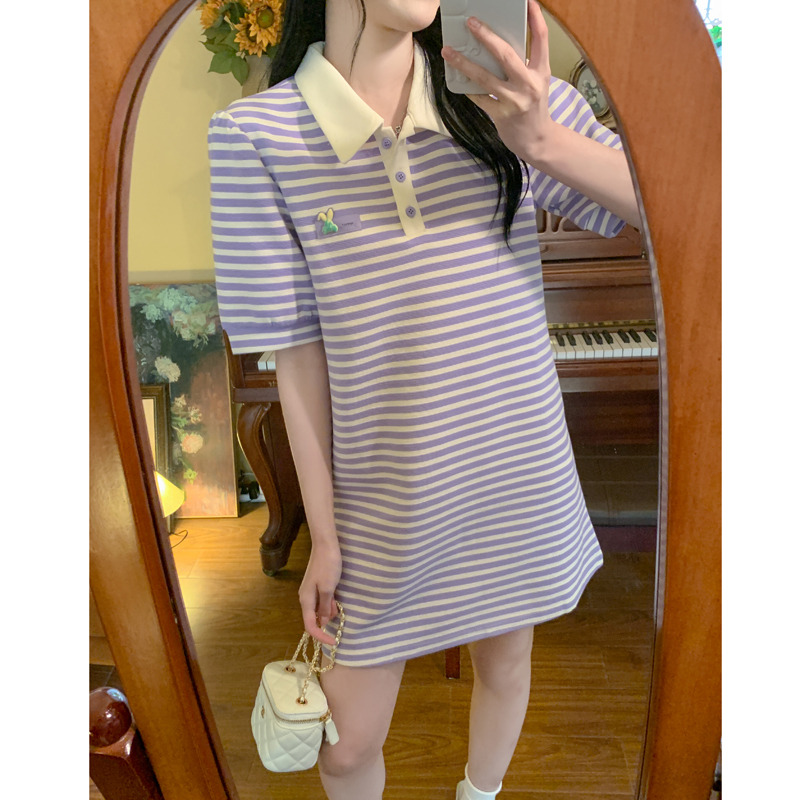 Stripe Korean style slim T-shirt summer loose dress