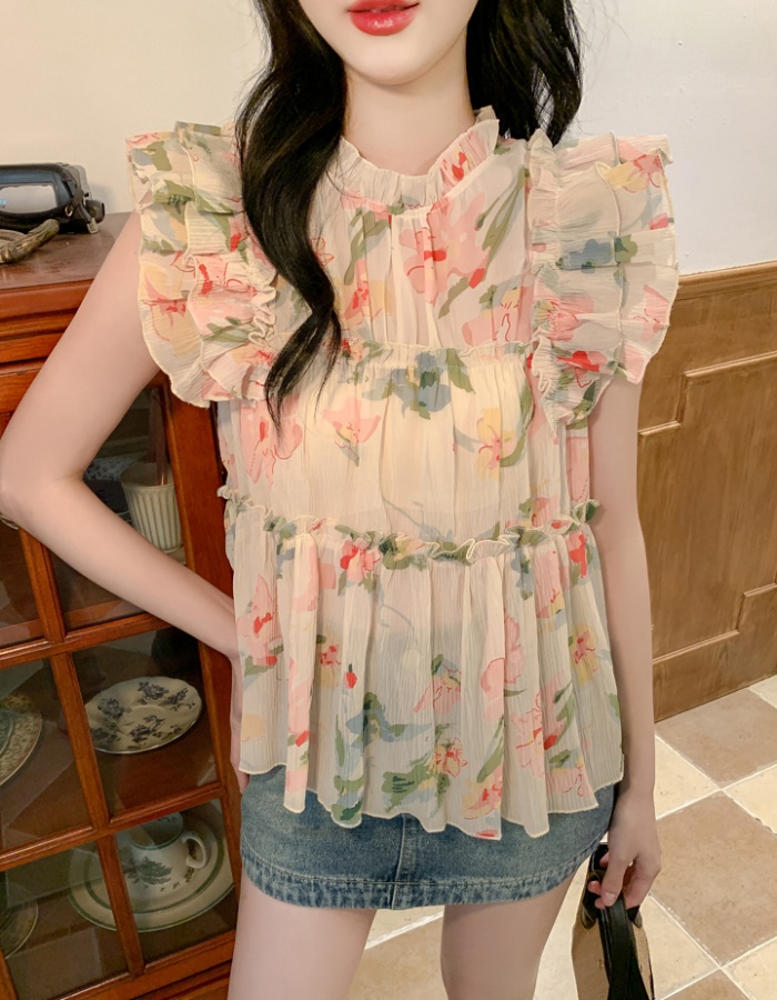 Floral sleeveless shirt France style tops for women