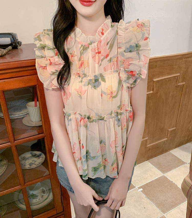 Floral sleeveless shirt France style tops for women