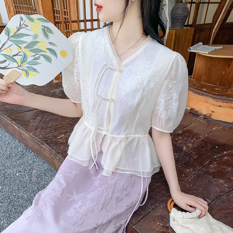 Embroidery short sleeve puff sleeve summer all-match shirt