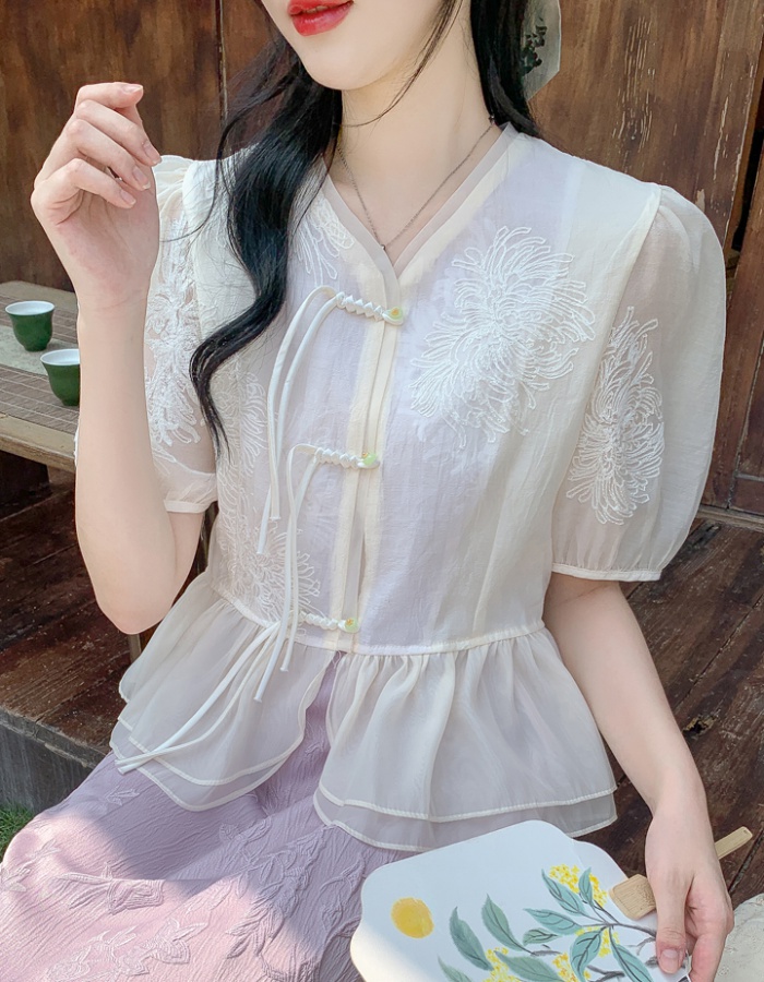 Embroidery short sleeve puff sleeve summer all-match shirt