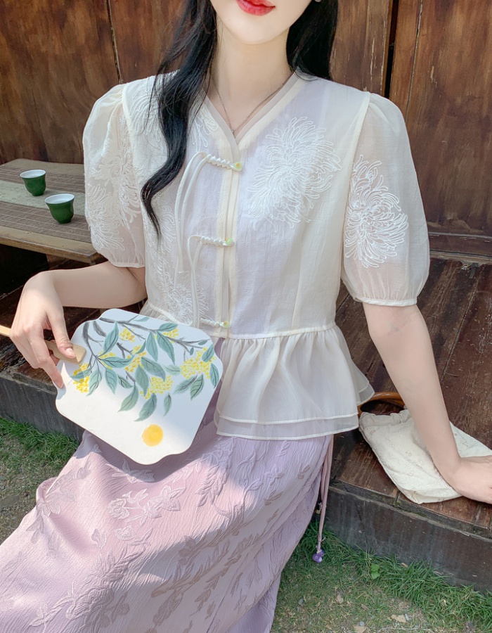 Embroidery short sleeve puff sleeve summer all-match shirt