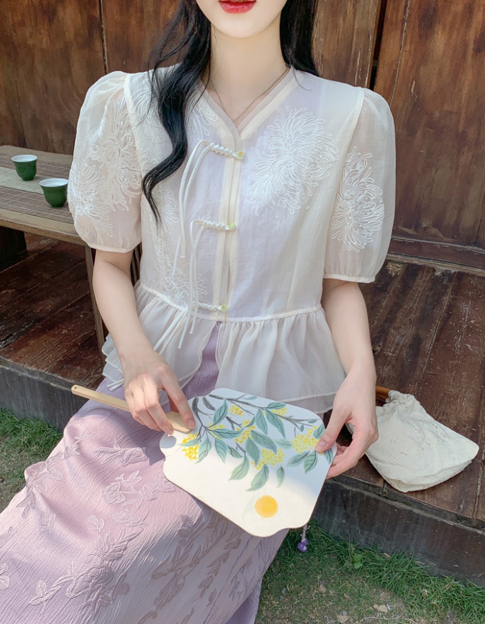 Embroidery short sleeve puff sleeve summer all-match shirt