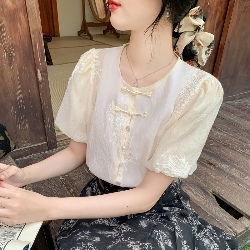 Retro embroidered flowers small shirt short sleeve shirt