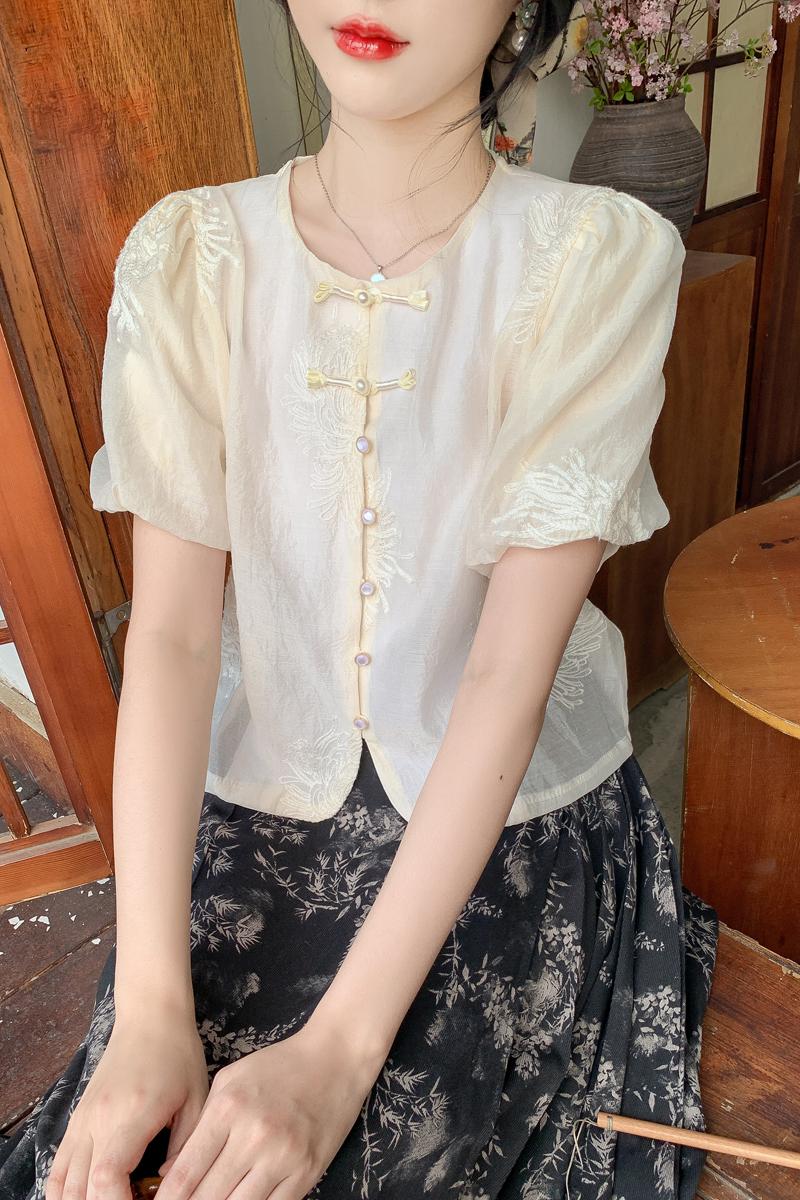 Retro embroidered flowers small shirt short sleeve shirt