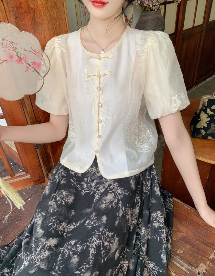 Retro embroidered flowers small shirt short sleeve shirt